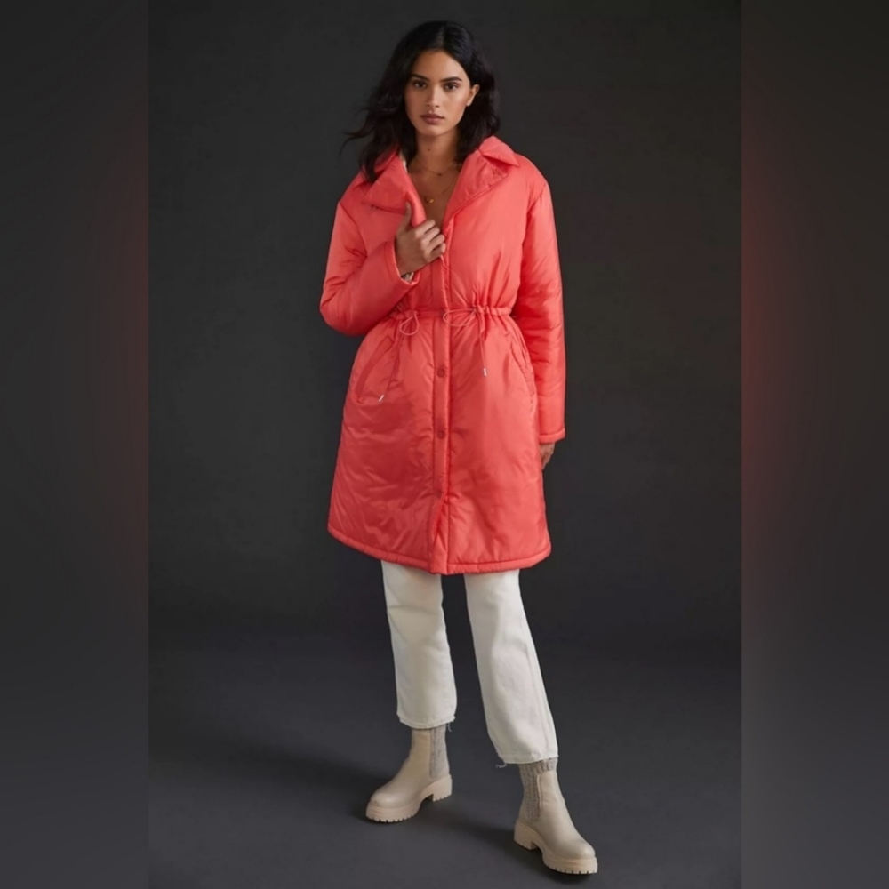 $250 NWT Anthropologie Coral/Pink Longline Cinched Puffer Jacket Coat XS